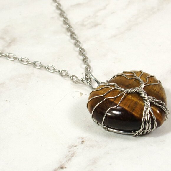 Tree of life heart pendant necklace with brown tiger eye heart stone - Picture 4 of 8